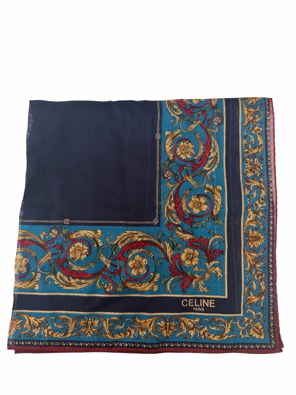 Celine Paris Baroque Vintage 80s-90s Cotton Scarf in Teal, Gold & Burgundy - Picture 2 of 4